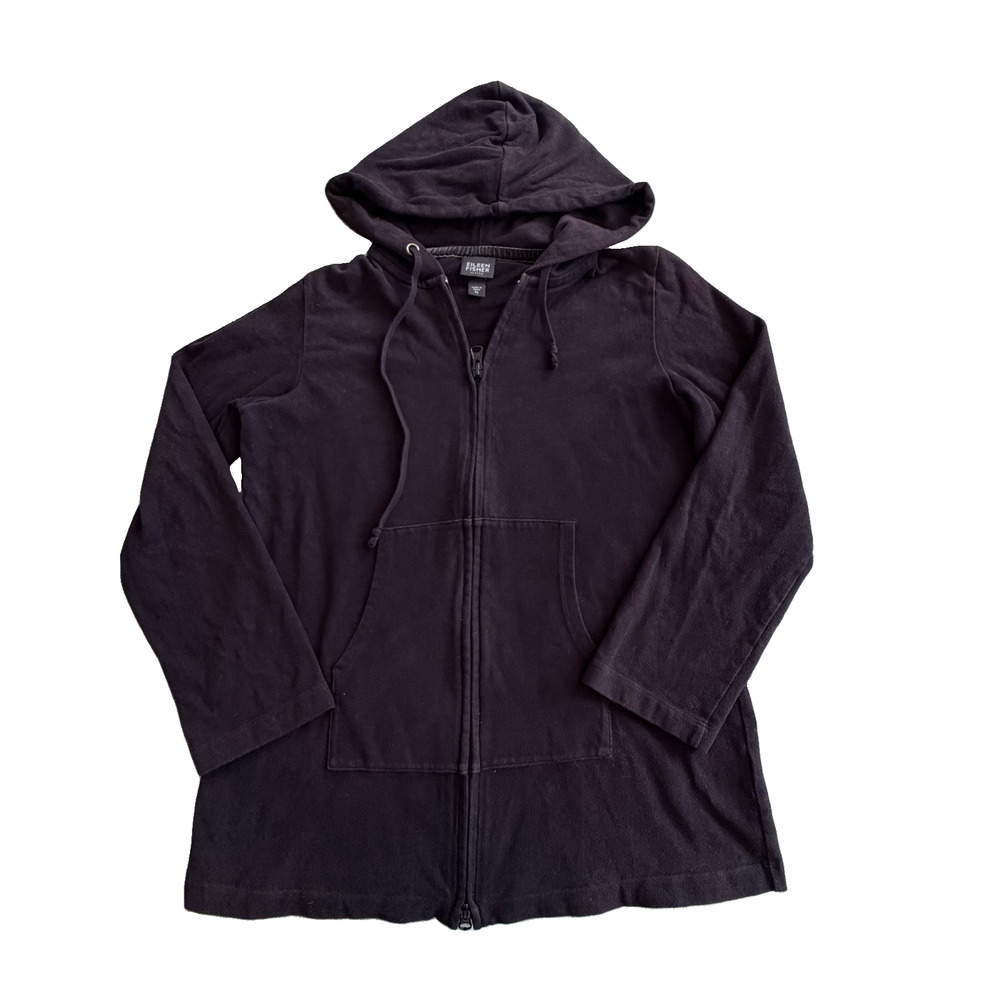 Eileen Fisher 100% Organic Cotton Washed Black Full Zip Hoodie Sweatshirt PS